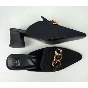 Cosy Island Black Knit Pointed Toe Mules Gold Chain Block Heel Slip On Women 8.5